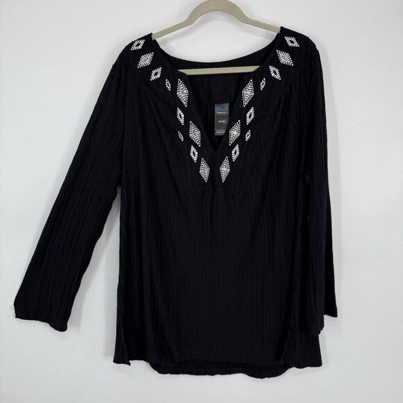 Catalina Women size 2X Swim Cover Tunic Black Aztex Embroidered Long Sleeve V Ne - Picture 8 of 8